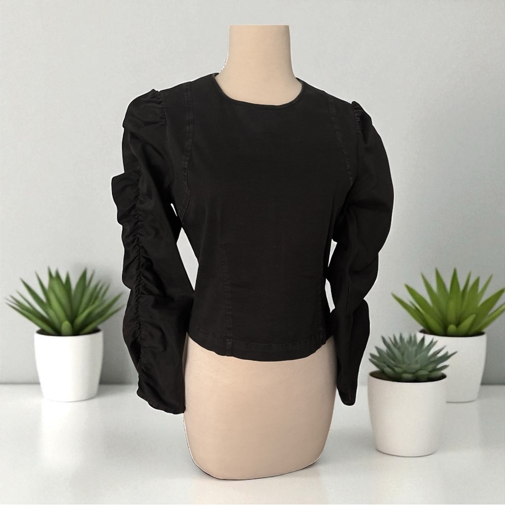 ZARA Black Ruched Long‎ Sleeve Denim Top Women's Sz M Stretch Back Zip